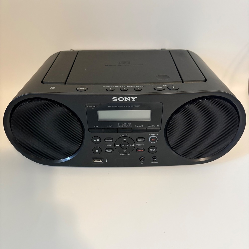 Sony CD Boombox ZS-RS60BT Bluetooth USB AM/FM Radio Black No AC Power Cord WORKS